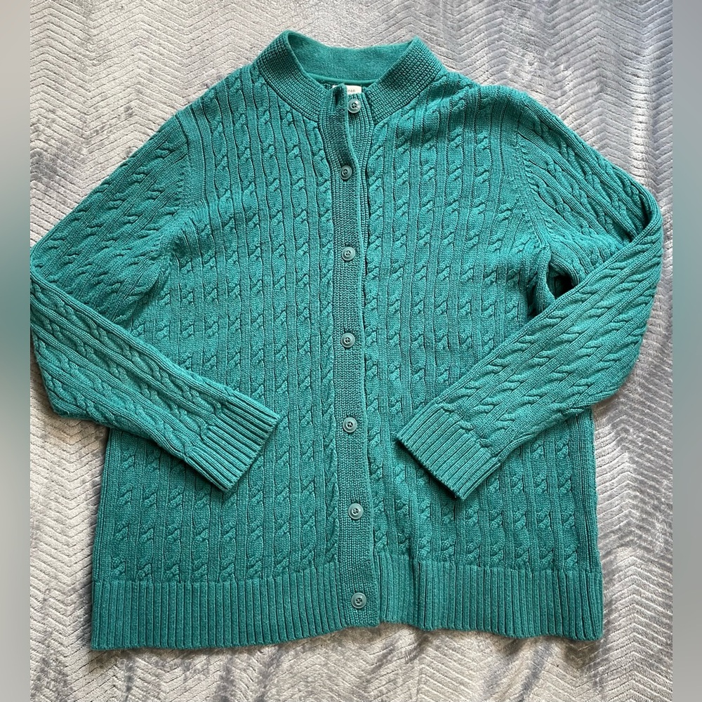 LL Bean‎ Cable Knit Cardigan Sweater Teal XL Petite XLP
